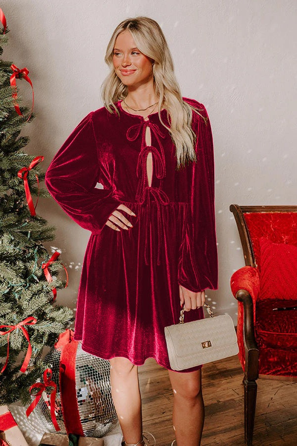 Velvet Loose Cutout Tie Waist Mini Dresses