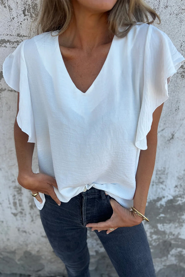White Color V-neck Ruffle Short Sleeve Blouse