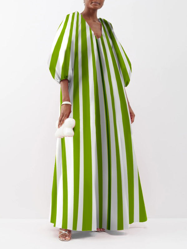 Puff Sleeves Three-quarter Sleeves Striped V-neck Maxi Dresses