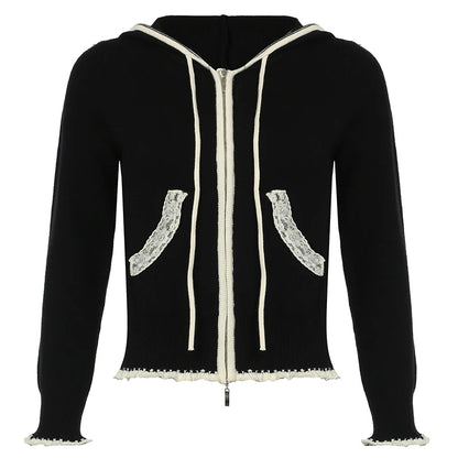 Black Lace Trim Knitted Sweater Cardigan Autumn Winter New Coat Sweet Basic All-match