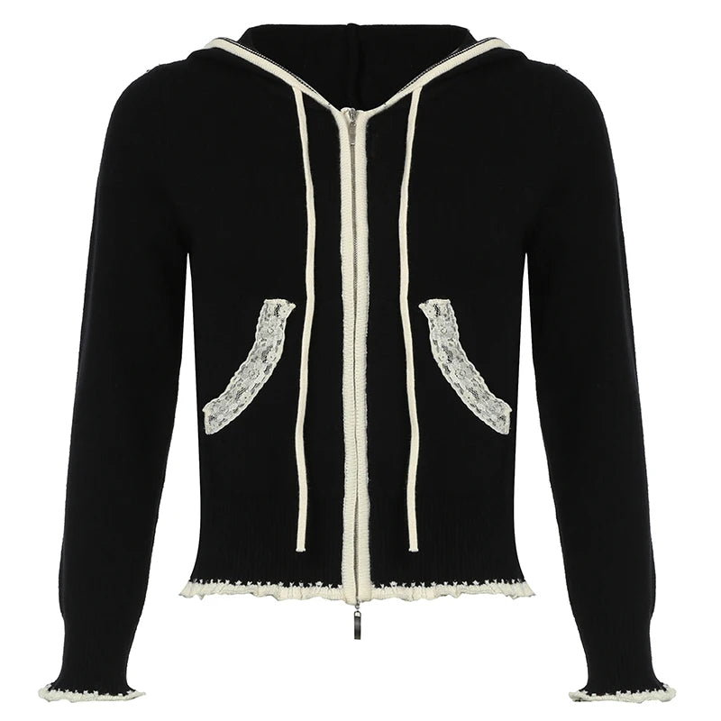 Black Lace Trim Knitted Sweater Cardigan Autumn Winter New Coat Sweet Basic All-match