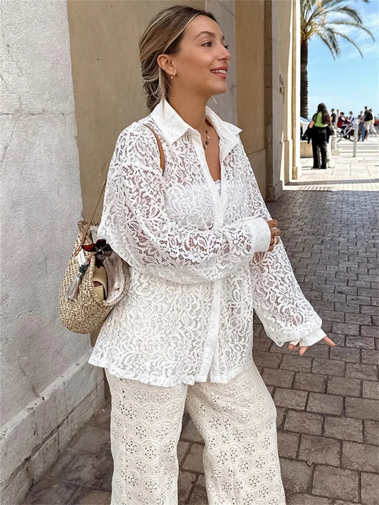 Hollow Out Printed Loose Shirts for Patchwork Lace See-through Summer Top Long Sleeve Female Blouse