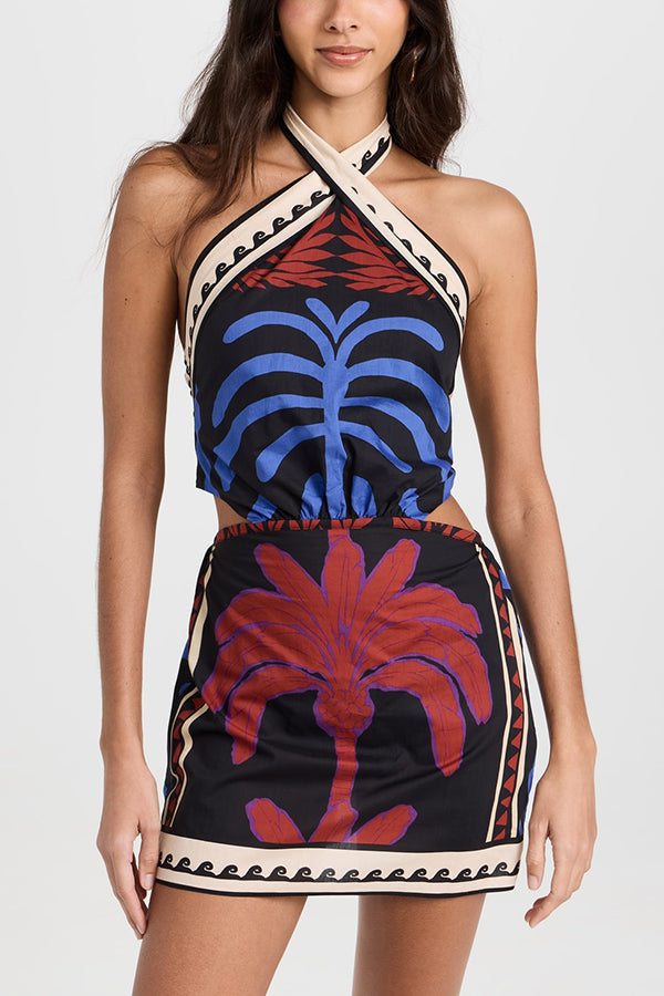 Unique Printed Halterneck Resort Beach Mini Dress