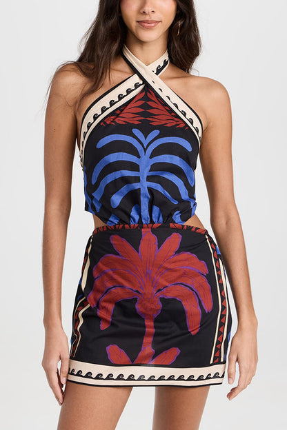 Unique Printed Halterneck Resort Beach Mini Dress