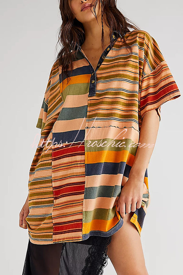 Contrast Striped Patchwork Denim Lapel Loose Mini Dress
