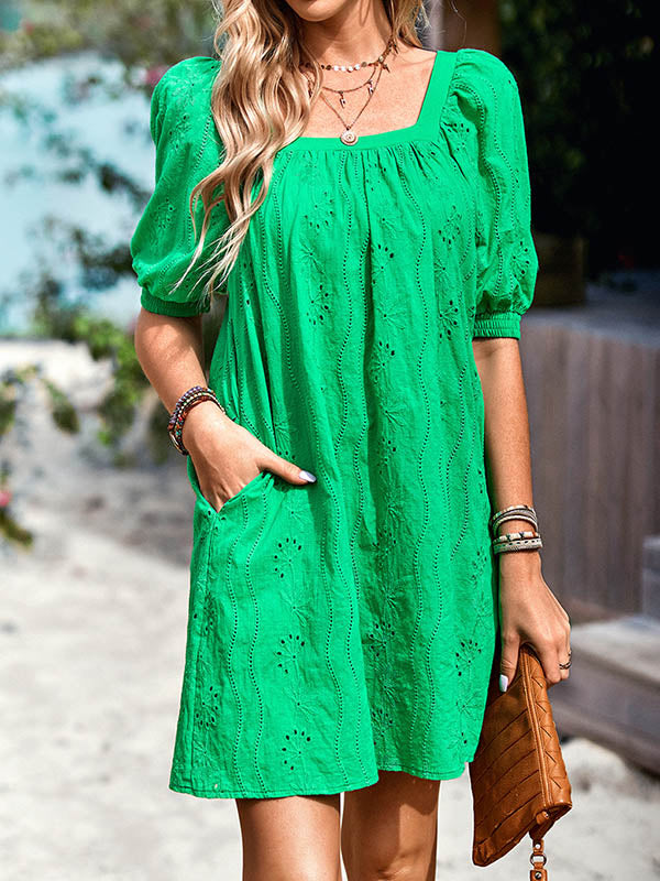 Loose Puff Sleeves Jacquard Color Square-neck Mini Dresses