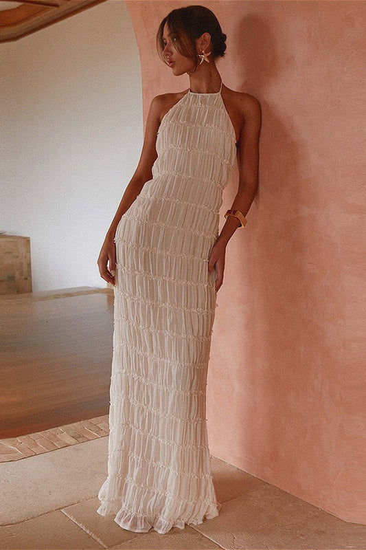 Backless Ruched Pleated Maxi Dress