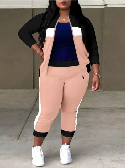 Zipper Design Patchwork Pants Set Color Block Mandarin Collar Tracksuits Long Sleeve Two Pieces Outfits