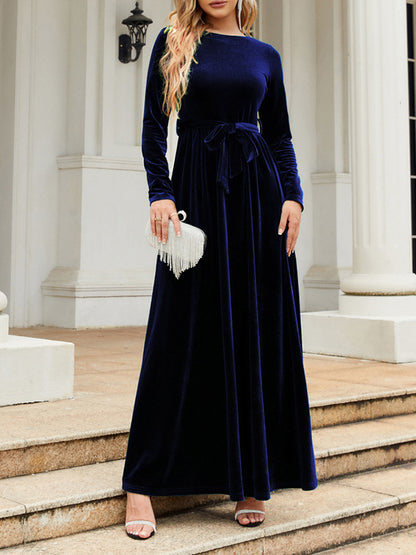 Long Sleeves Wrap Belted Pleated Color Zipper Round-neck Maxi Dresses