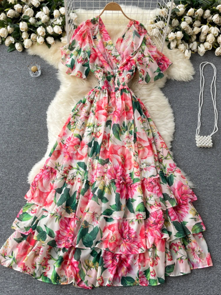 Party Dress Chiffon Printed Long Dresses Short Sleeve V-neck Beach Maxi Dress Vestidos
