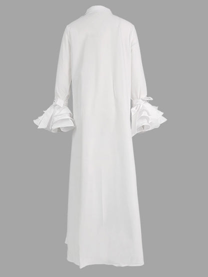 A-line Flared Sleeves Buttoned Color Split-joint Split-side Lapel Maxi Dresses