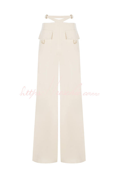 Leia High Neck Button Bell Sleeve Top and Cutout Waist Metal Pocketed Flare Pants Set