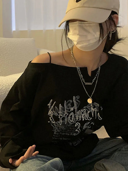 Y2k T-shirt Fairy Grunge Letter Print Tops Black Autumn Off Shoulder Long Sleeved Korean Tees Loose Harajuku Shirt