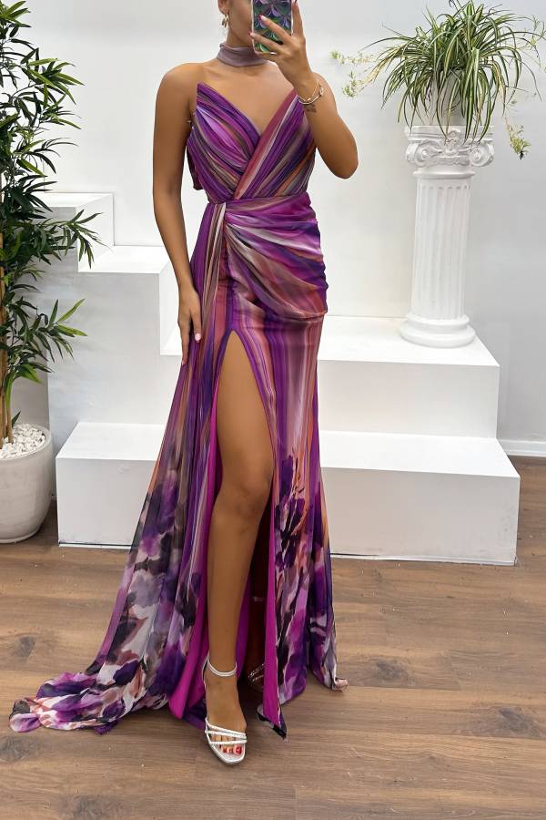 In a Dreamland Chiffon Print Off Shoulder Pleated Scarf Slit Maxi Dress