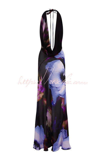 Bold and Tie-dye Abstract Halter Drape Neck Backless Maxi Dress