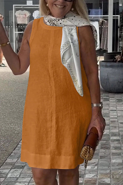 Linen Blend Color Crew Neck Sleeveless Mini Dress