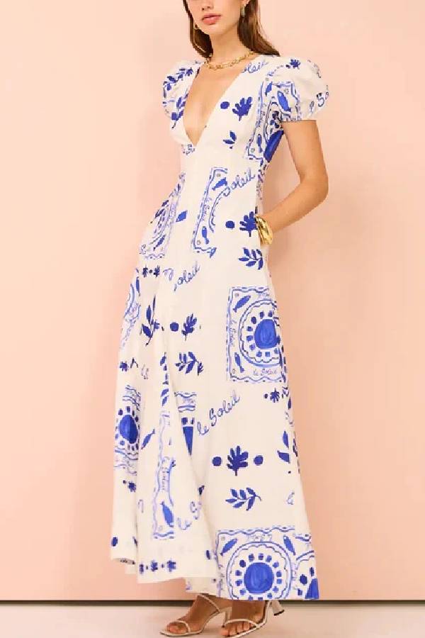 Embrace the Glamour Linen Blend Unique Print Puff Sleeve Pocketed Maxi Dress