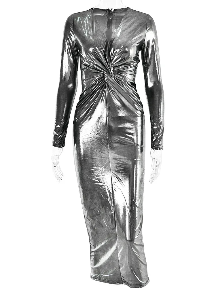 Winter Deep V Long Sleeve Dress for Bodycon Pleated Metal Maxi Dress Party Club Evening Vestidos