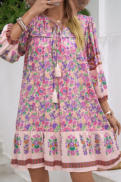 Style Unique Printed V-neck Tie Loose Mini Dress
