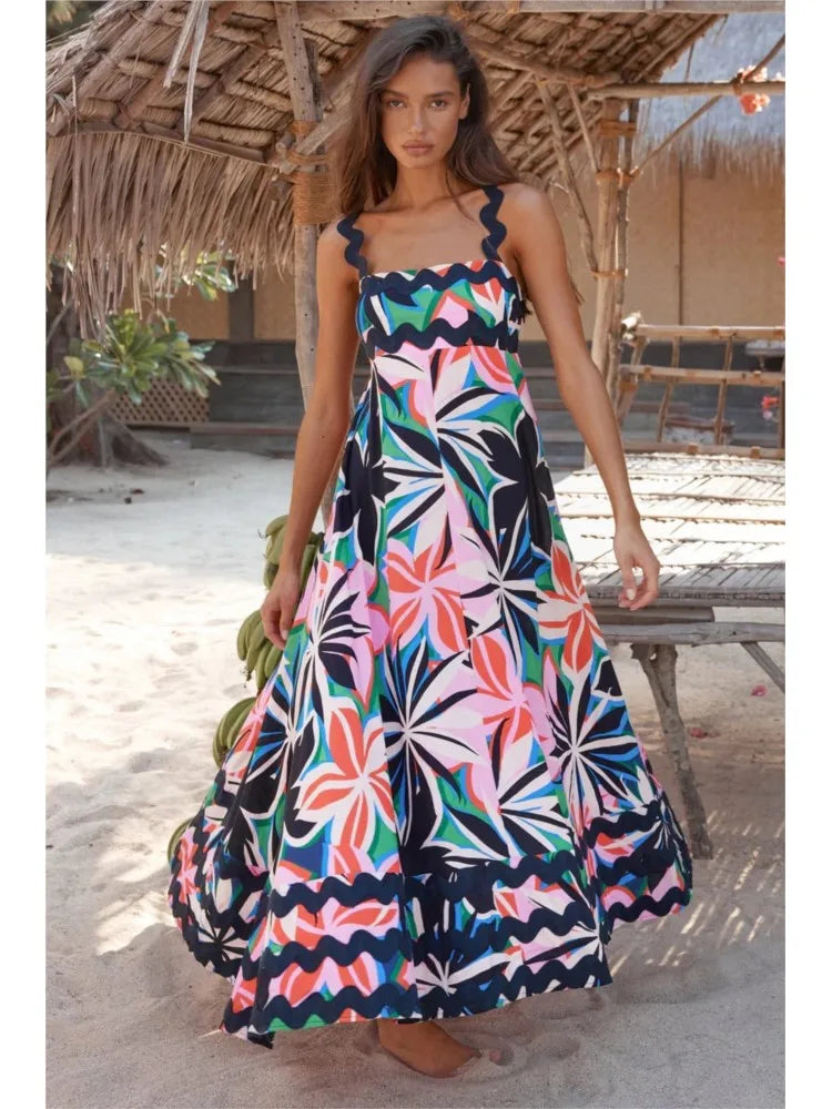 Summer Printed A-line Long Dress Backless Holiday Beach Spaghetti Strap Dresses for Maxi Vestidos Para Mujer