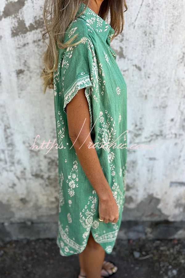 Linen Blend Unique Print Lapel Pocket Mini Dress