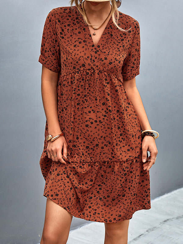 Short Sleeves Flower Print Split-joint V-neck Mini Dresses
