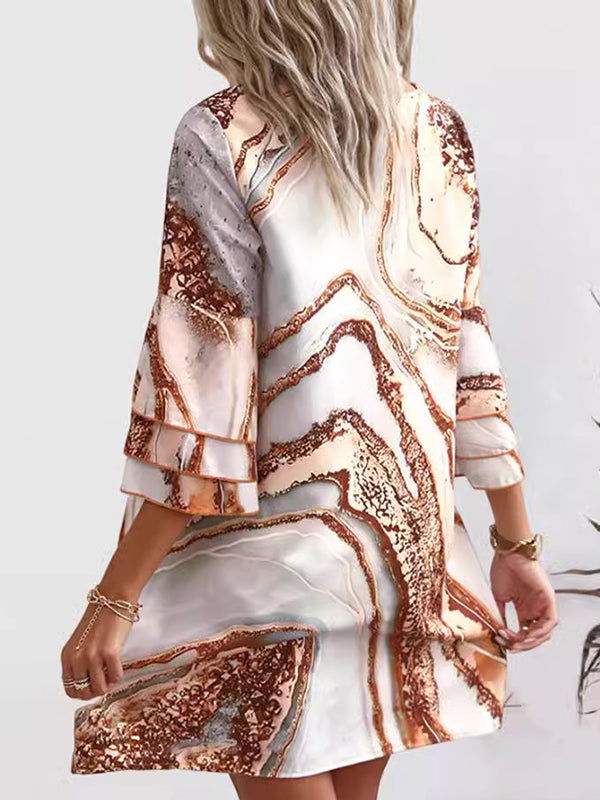A-line Flared Sleeves Layered Printed Split-joint V-neck Mini Dresses