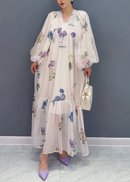 White Print Chiffon Long Dresses Lantern Sleeve Ar1027
