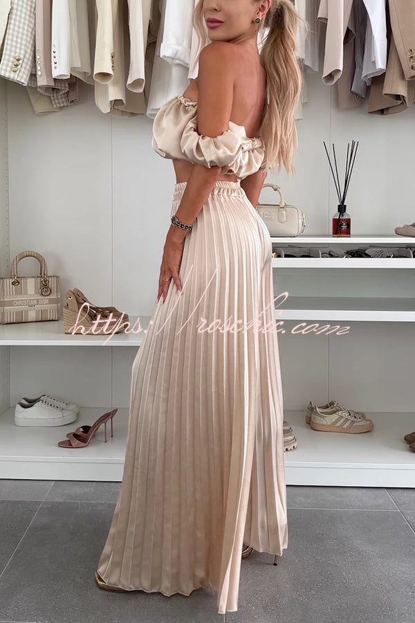 Jorie Satin Off Shoulder Puff Sleeve Crop Top and Elastic Waist Pleated Wide Leg Pants Set