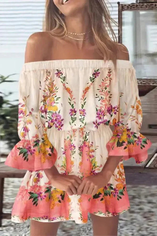 It All Begins With Love Printed Off Shoulder Mini Dress