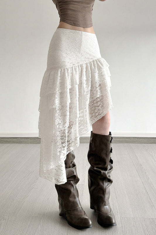 Lace Tiered High-waist Asymmetrical Skirt