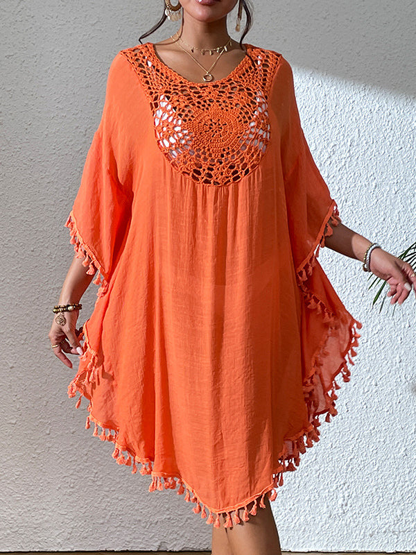 Batwing Sleeves Loose Hollow Color Sun Protection Tasseled Round-neck Cover-ups Tops Midi Dresses