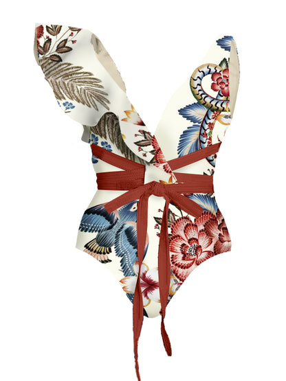 V Neck Ruffle Print Swimsuit and Skirt