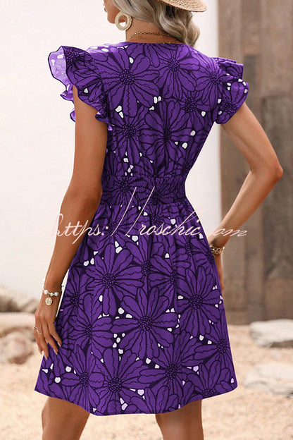 Wonderful Weekend Print Ruffle Sleeve Elastic Waist Mini Dress