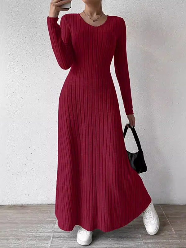 Long Sleeves Skinny Color V-neck Maxi Dresses Sweater Dresses