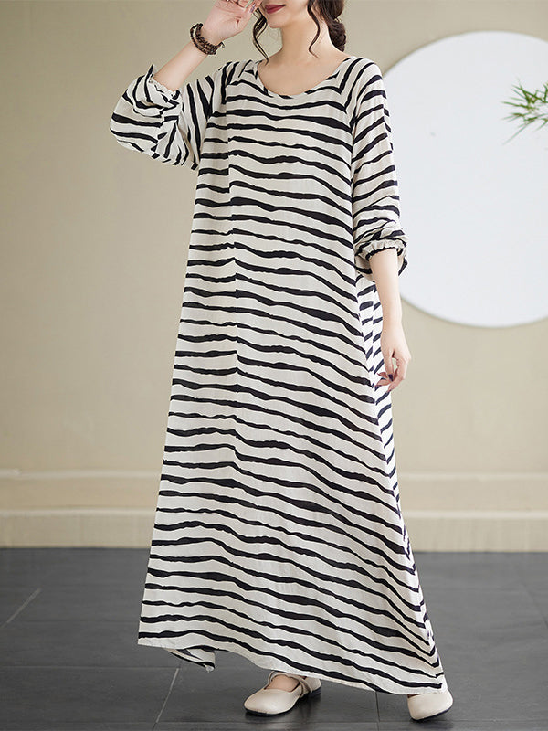 A-line Long Sleeves Contrast Color Elasticity Striped Round-neck Maxi Dresses
