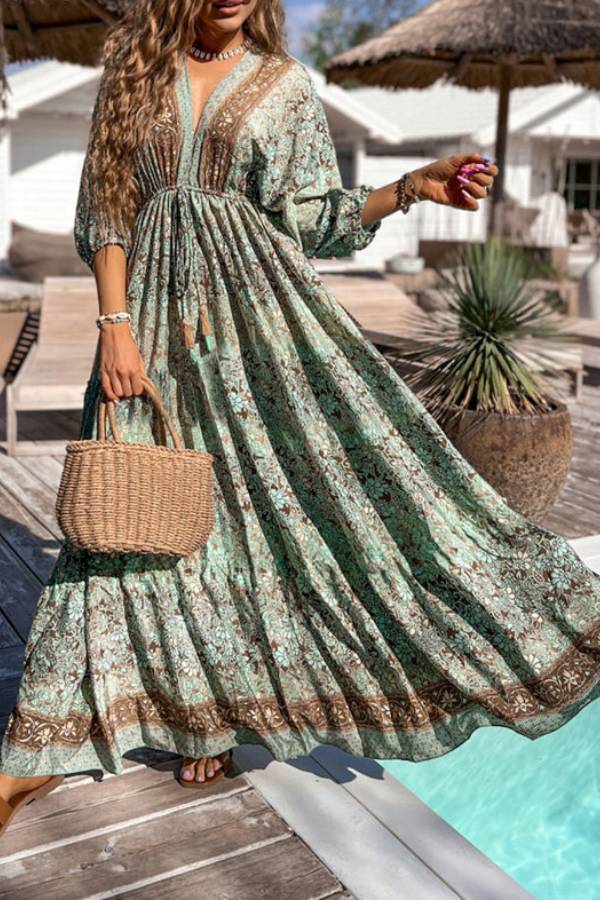 Green Print Backless Drawstring High Waist Maxi Dress