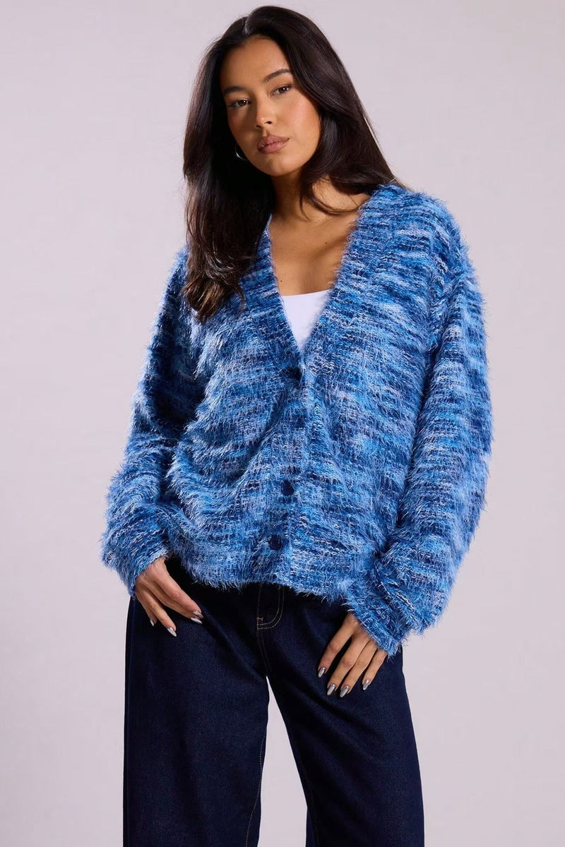 Retro Striped Fashionable Oversized Fleece Long Sleeve Knit Cardigan