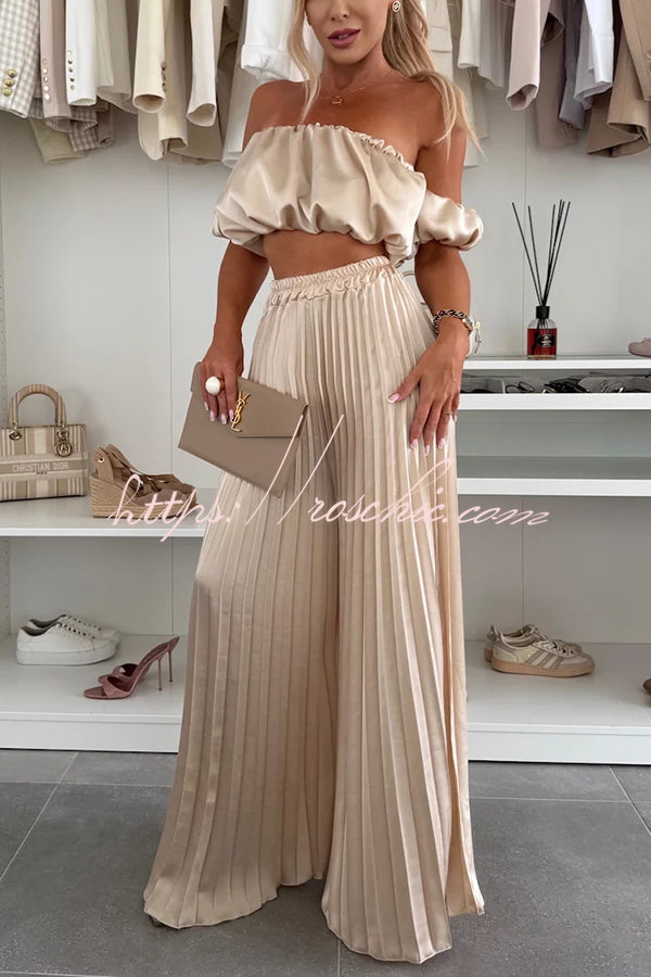 Jorie Satin Off Shoulder Puff Sleeve Crop Top and Elastic Waist Pleated Wide Leg Pants Set