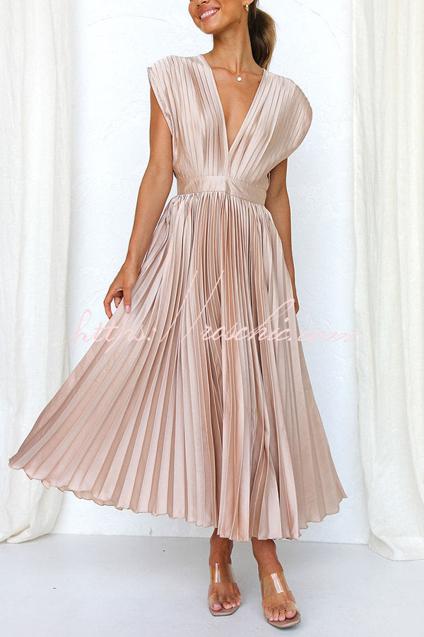 Hello Satin Pleated Midi Dress