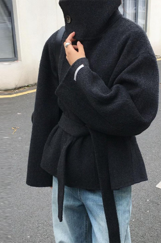 Turtleneck Loose Double-faced Wool Tie Waist Retro Coat