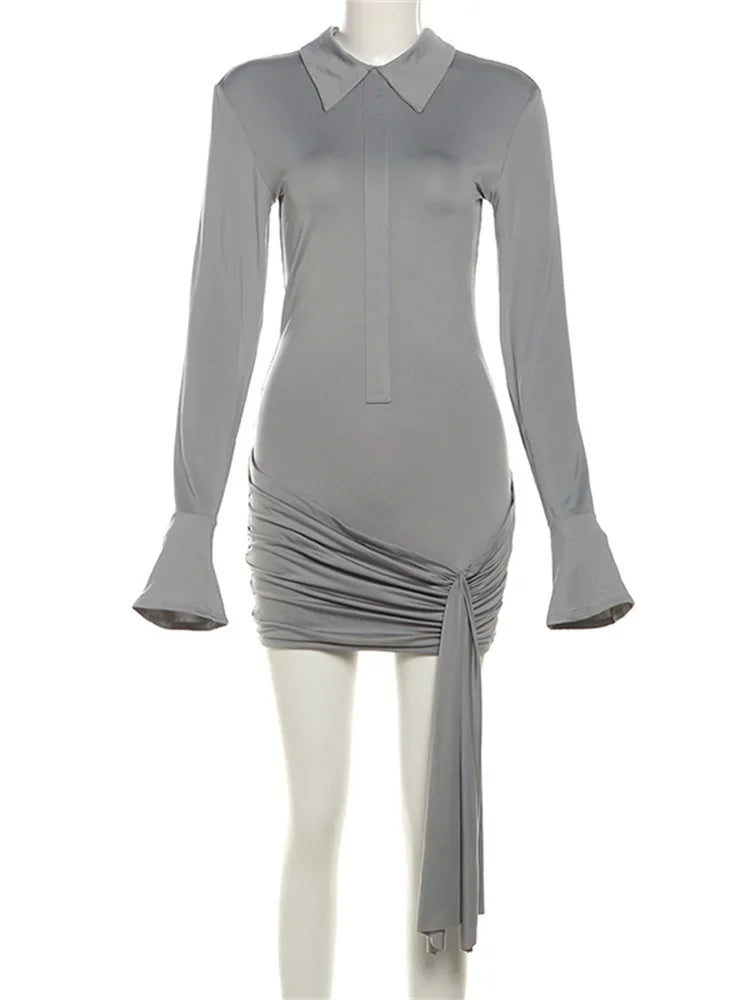 Autumn Bandage Mini Dress Pleated High Waist Long Sleeve Lapel Tassel Party Dress Female Lace-up Dress