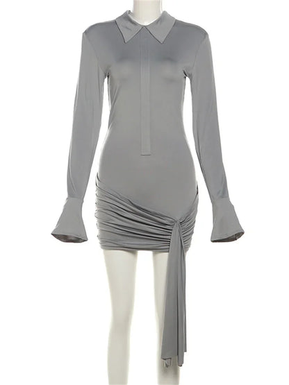 Autumn Bandage Mini Dress Pleated High Waist Long Sleeve Lapel Tassel Party Dress Female Lace-up Dress