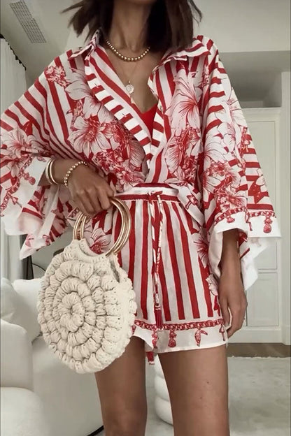 Like Paradise Print Wide Sleeve Shirt and Elastic Waist Pocketed Shorts Set