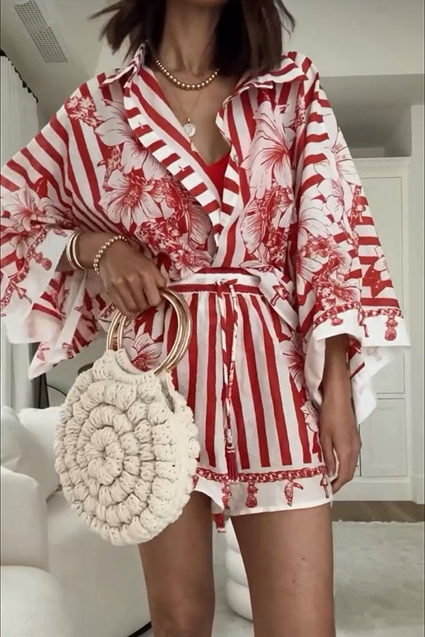 Like Paradise Print Wide Sleeve Shirt and Elastic Waist Pocketed Shorts Set