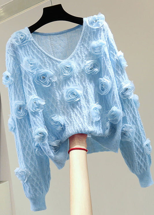 French Blue O-neck Zircon Cotton Knit Sweater Winter