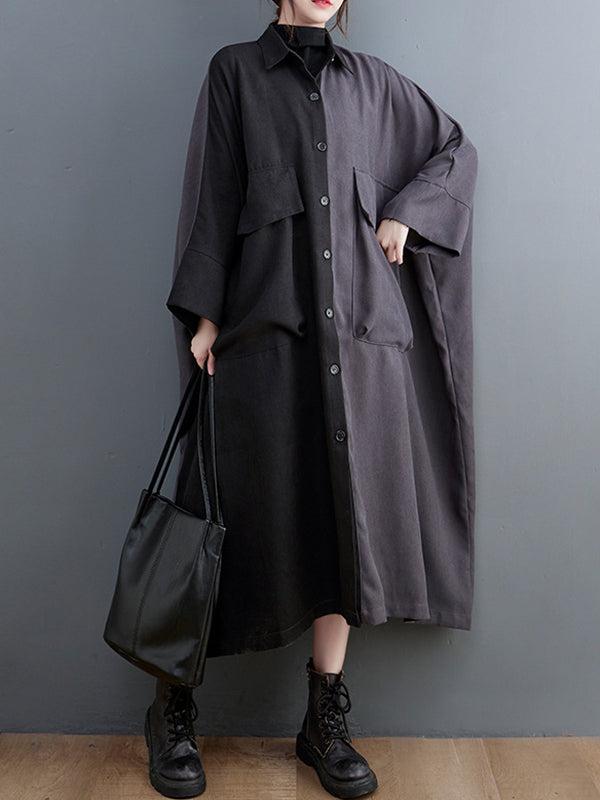 Long Sleeves Loose Buttoned Contrast Color Split-joint Lapel Collar Midi Dresses