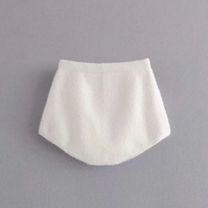 Two Piece Sets Outfits White Plush Mohair Drill Button Cardigan Coats With Bra Tops and Mini Shorts Matching Sets