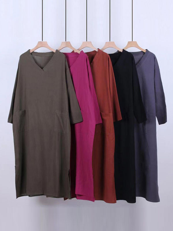 A-line Long Sleeves Pockets Color Split-side V-neck Maxi Dresses