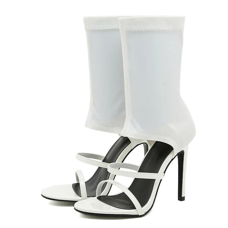 Liyke Summer Design Open Toe Slip-on Elastic Boots Sandals White Cut-out Thin High Heels Ankle Booties Shoes